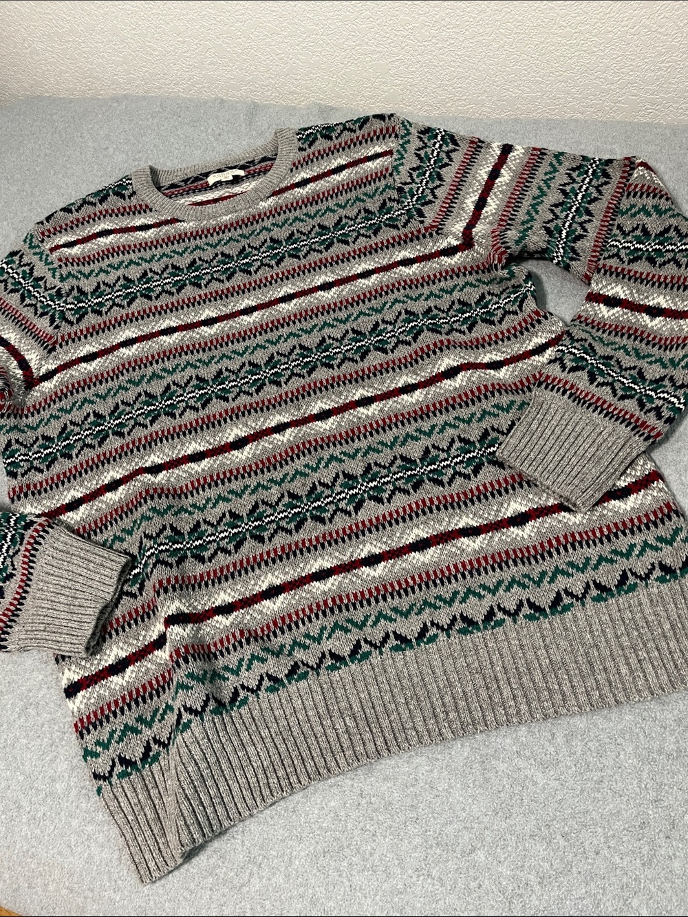 Men's Fair Isle Crewneck Sweater XL Gorpcore Outdoor Cotton Wool Blend Gray